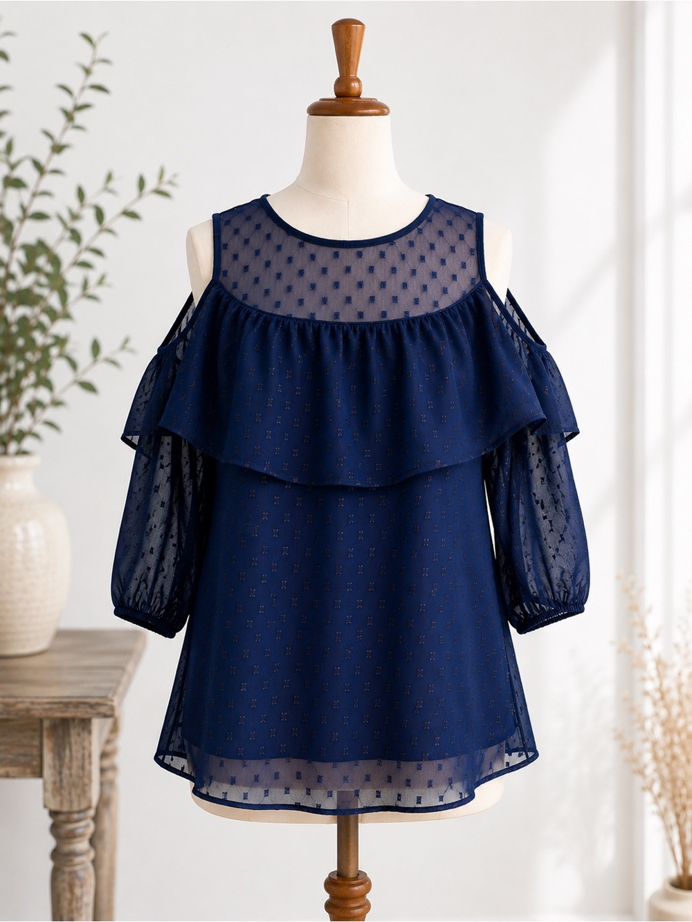 Old Navy Navy Cold-Shoulder Ruffled Chiffon Blouse